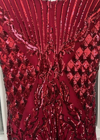 Bordo Payetli V Yaka Midi Abiye Elbise - Görsel 6