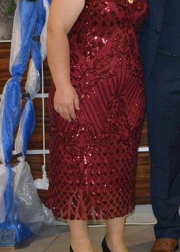 Bordo Payetli V Yaka Midi Abiye Elbise - Görsel 2