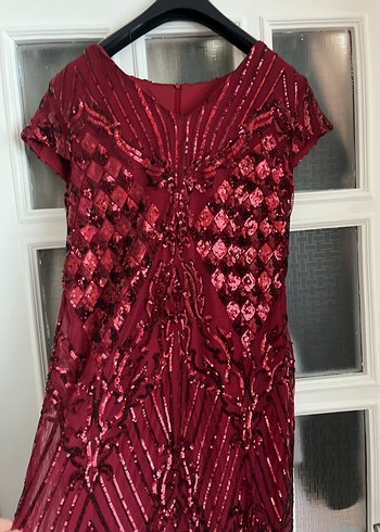 Bordo Payetli V Yaka Midi Abiye Elbise - Görsel 3