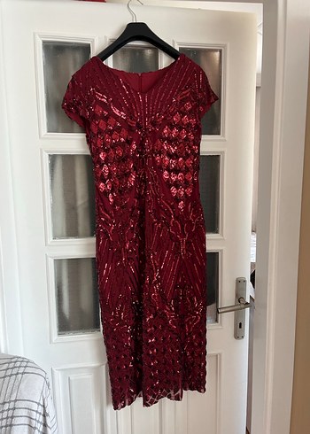 Bordo Payetli V Yaka Midi Abiye Elbise - Görsel 4