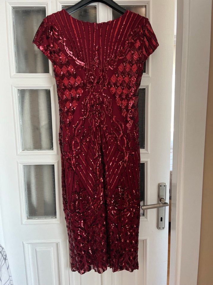 Bordo Payetli V Yaka Midi Abiye Elbise - Görsel 5