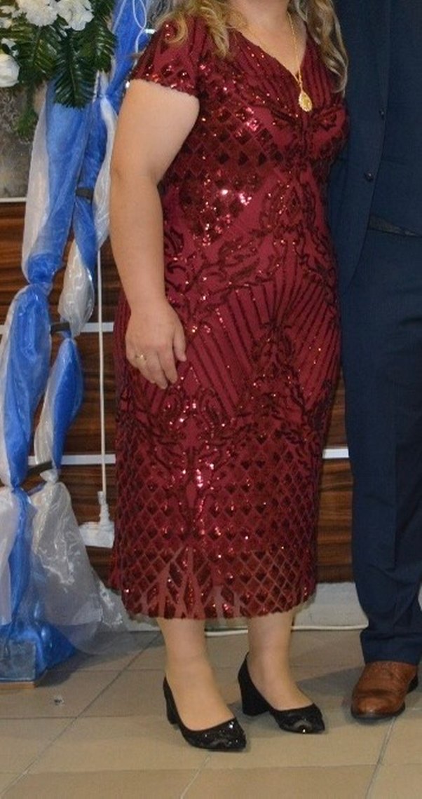 Bordo Payetli V Yaka Midi Abiye Elbise - Görsel 2