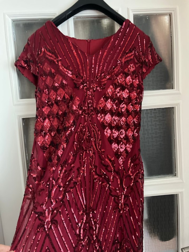 Bordo Payetli V Yaka Midi Abiye Elbise - Görsel 3