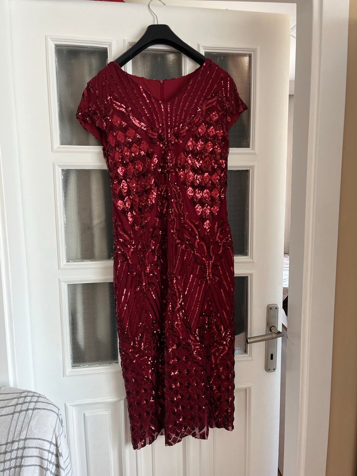 Bordo Payetli V Yaka Midi Abiye Elbise - Görsel 4