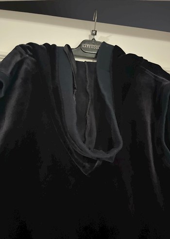 Siyah Kadın Kapüşonlu Kadife Uzun Yelek - Görsel 7