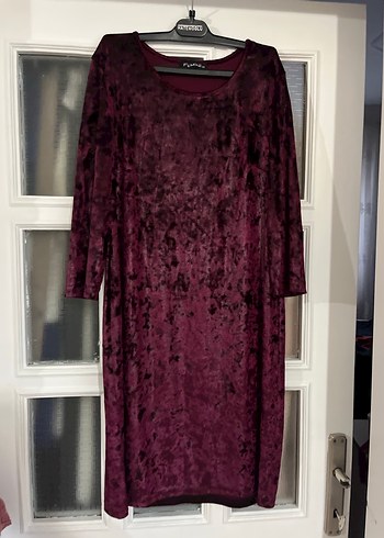 Bordo Kadifeden Uzun Kollu Salaş Kadın Elbise - Görsel 4