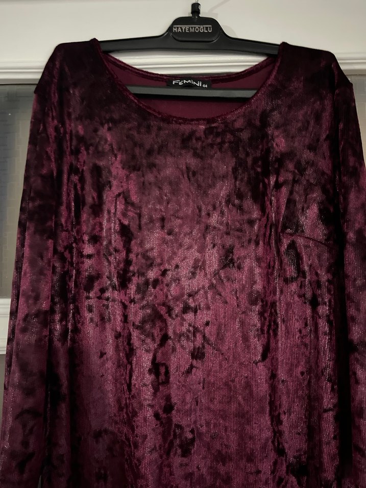 Bordo Kadifeden Uzun Kollu Salaş Kadın Elbise - Görsel 2