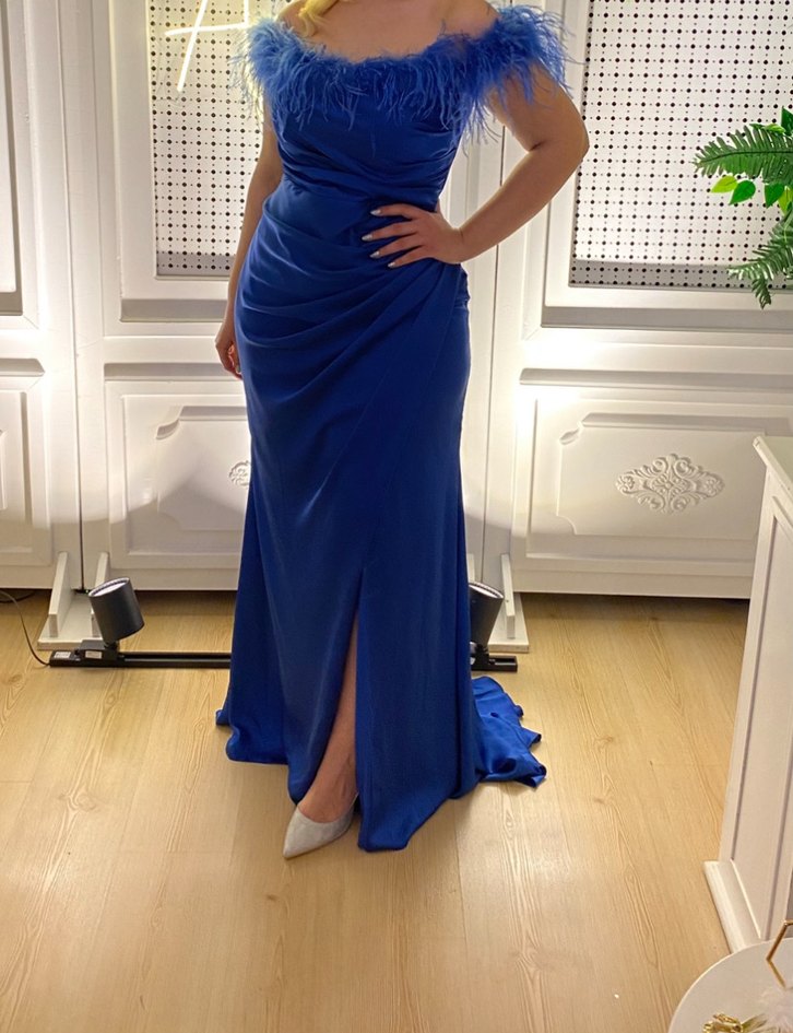 Mavi Tüy Detaylı Uzun Abiye Elbise - Görsel 2