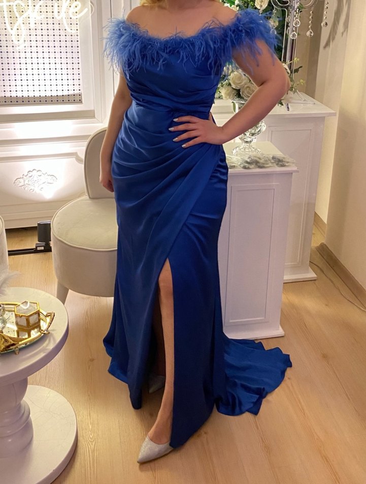 Mavi Tüy Detaylı Uzun Abiye Elbise - Görsel 3