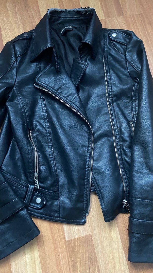 Siyah Parlak Deri Kadın Biker Ceket - Görsel 2