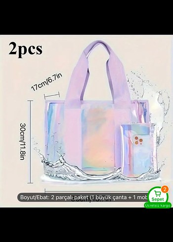 Pastel Mor Desenli 2 Parça plaj çantası