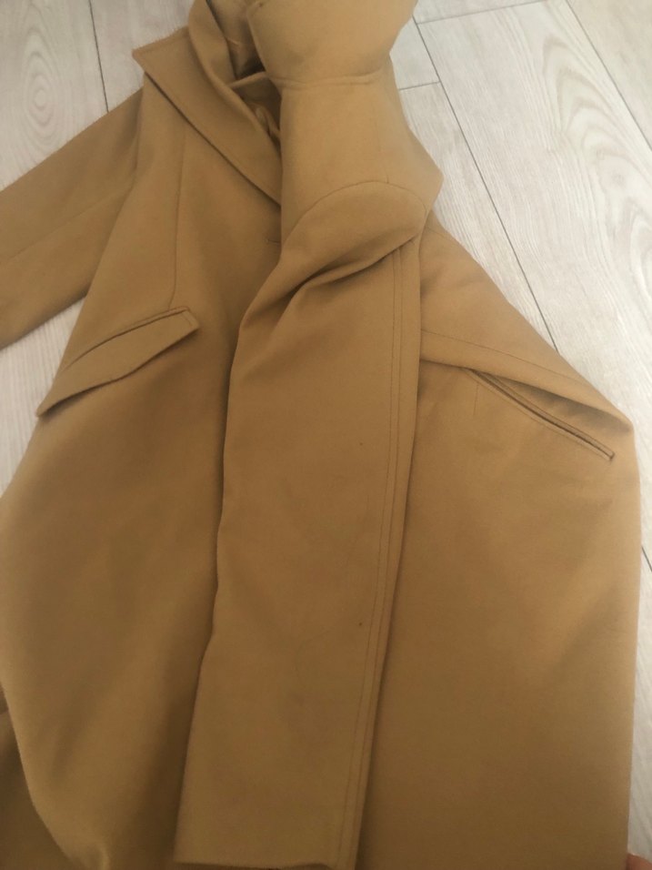 Bej Düğmeli Uzun Kadın Keten Kaban - Görsel 2