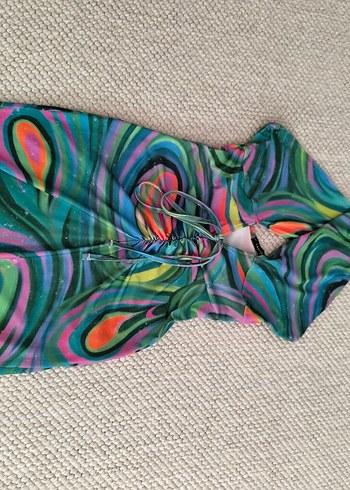 Kadın Çok Renkli Mini Halter Yaka Drapeli Elbise - Görsel 2