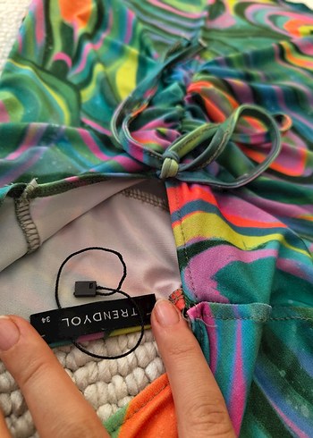 Kadın Çok Renkli Mini Halter Yaka Drapeli Elbise - Görsel 3