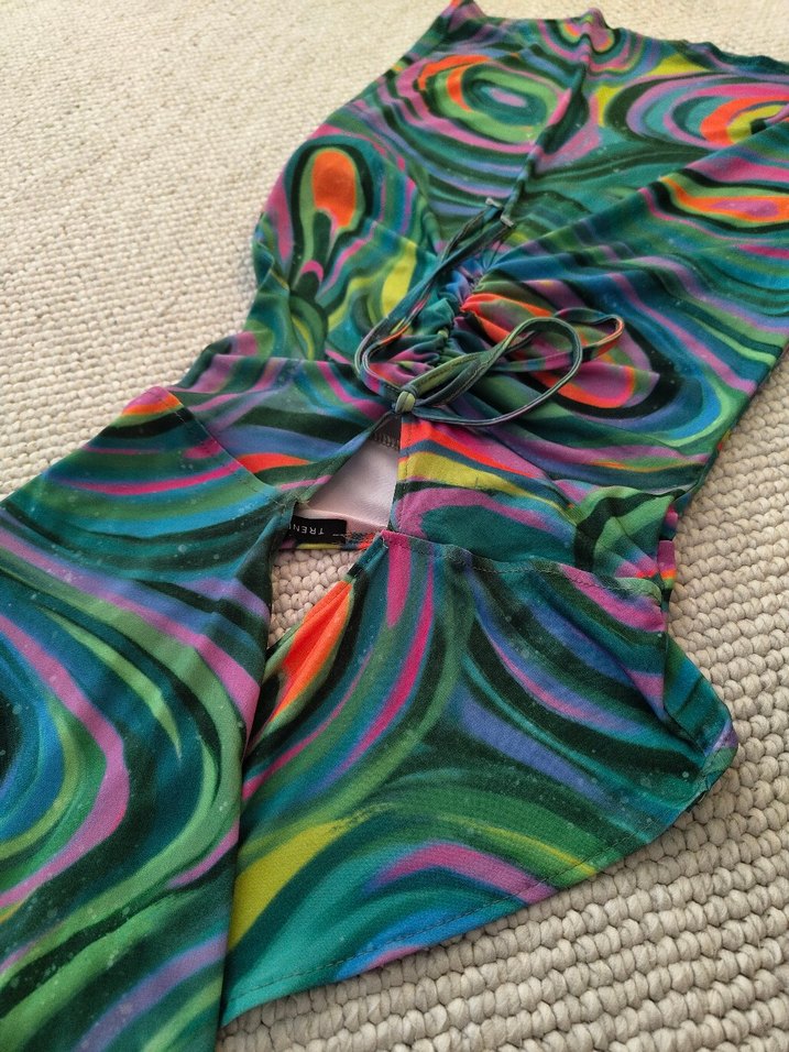 Kadın Çok Renkli Mini Halter Yaka Drapeli Elbise - Görsel 4