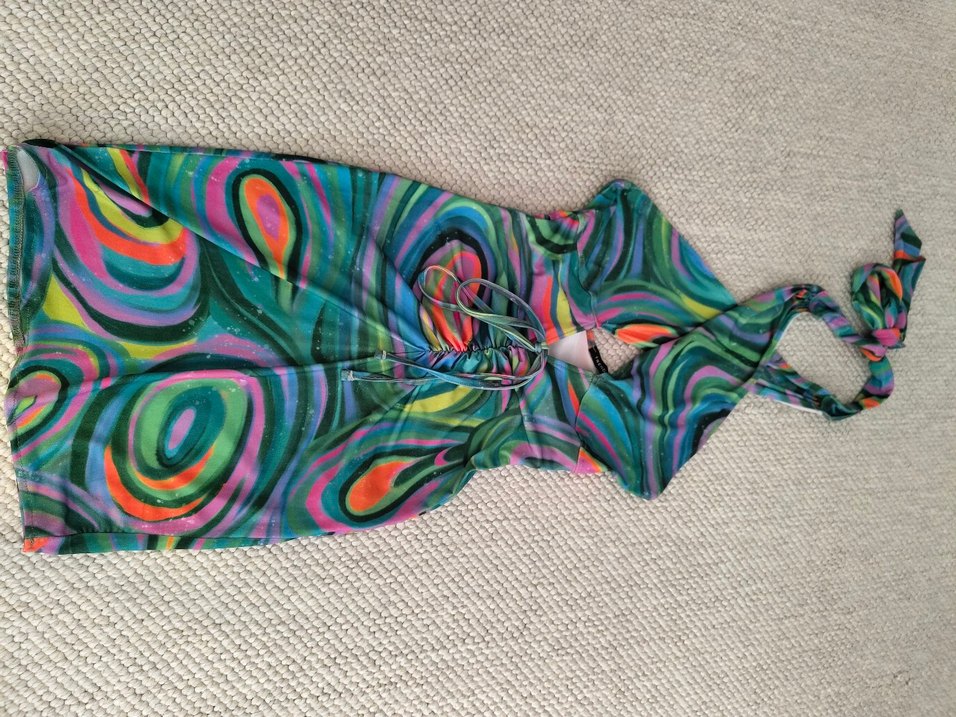 Kadın Çok Renkli Mini Halter Yaka Drapeli Elbise - Görsel 2