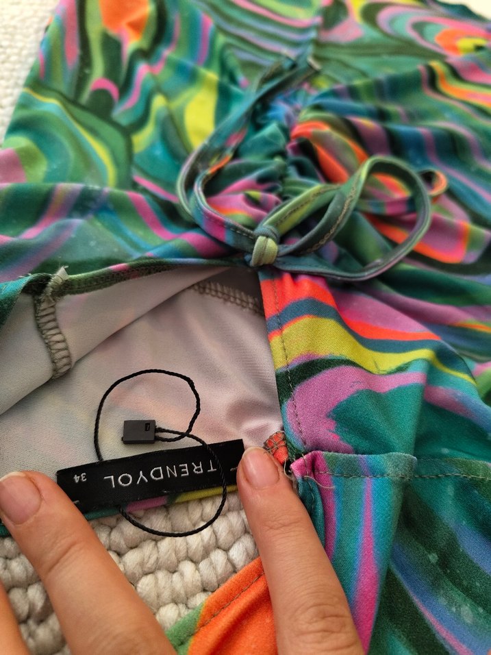 Kadın Çok Renkli Mini Halter Yaka Drapeli Elbise - Görsel 3