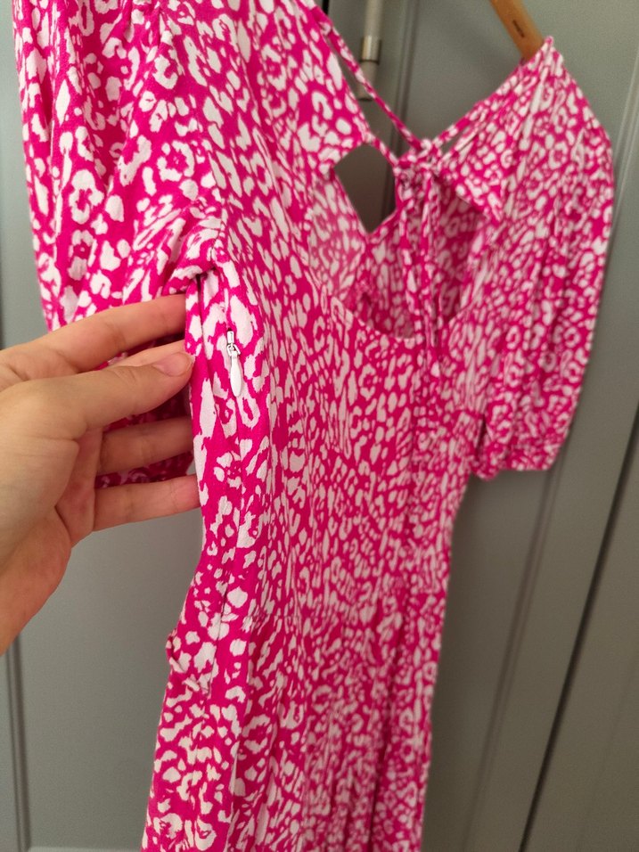 Pembe Bağlama Desenli Bohem Midi Elbise - Görsel 2