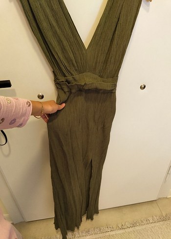 Kadın Haki Uzun Keten elbise - Görsel 3