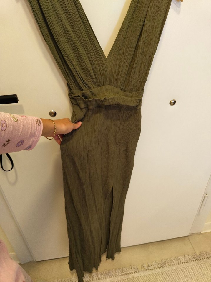 Kadın Haki Uzun Keten elbise - Görsel 3