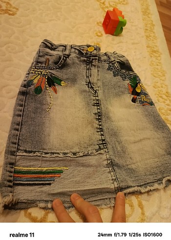 Nakışlı Gri Kot Kız Eteği - Görsel 4