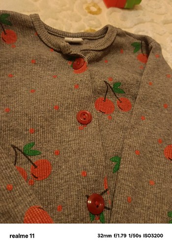 Kız Çocuk Gri Kiraz Desenli Düğmeli Sweatshirt - Görsel 3