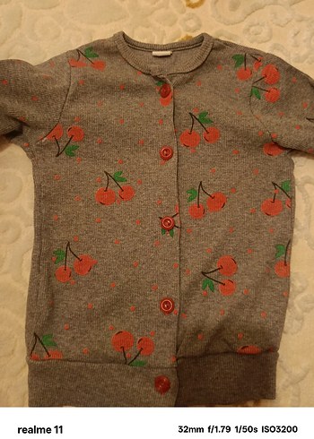 Kız Çocuk Gri Kiraz Desenli Düğmeli Sweatshirt - Görsel 6