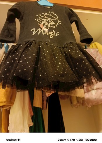 Uzun Kollu Siyah Parlak Baskılı Kız Elbise - Görsel 3