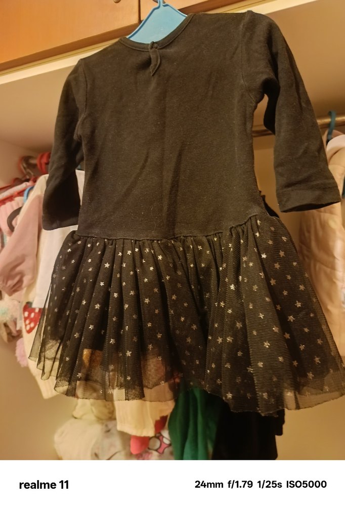 Uzun Kollu Siyah Parlak Baskılı Kız Elbise - Görsel 2