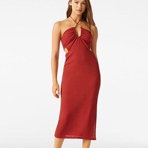 Bershka Rustik Halter Yaka Midi Elbise