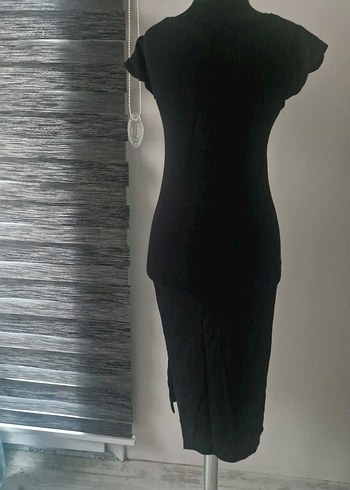 Siyah Bisiklet Yakalı Uzun Kadın Kısa Kollu Elbise - Görsel 3