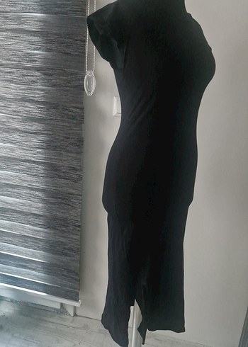 Siyah Bisiklet Yakalı Uzun Kadın Kısa Kollu Elbise - Görsel 2