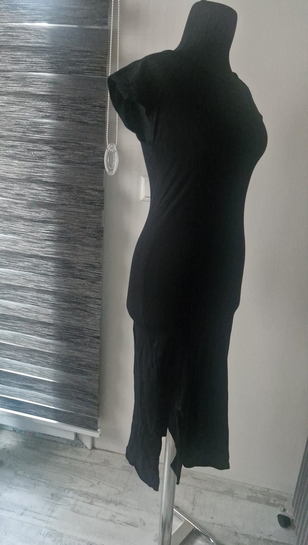 Siyah Bisiklet Yakalı Uzun Kadın Kısa Kollu Elbise - Görsel 2