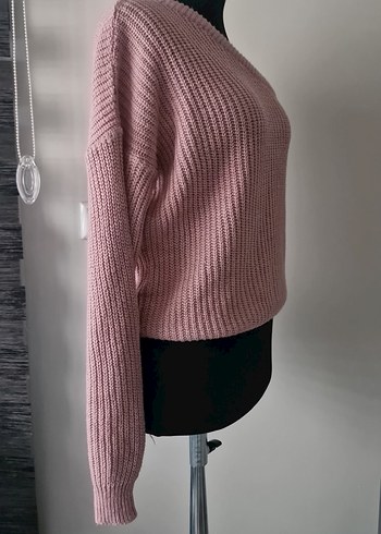 Pembe Örgü Kadın Yarım Kollu Örgü Kazak - Görsel 2