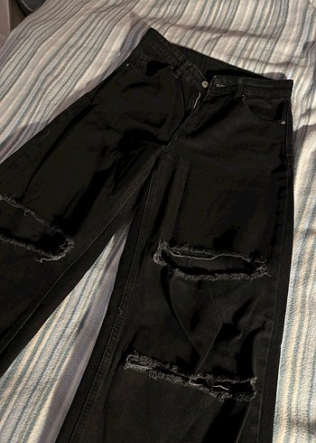 s Beden Siyah Bol Kesim Denim Pantolon