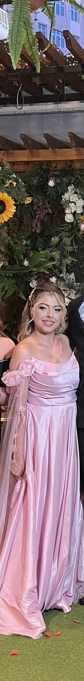 Askısız Pembe Uzun Drapeli Nişan Elbisesi - Görsel 2