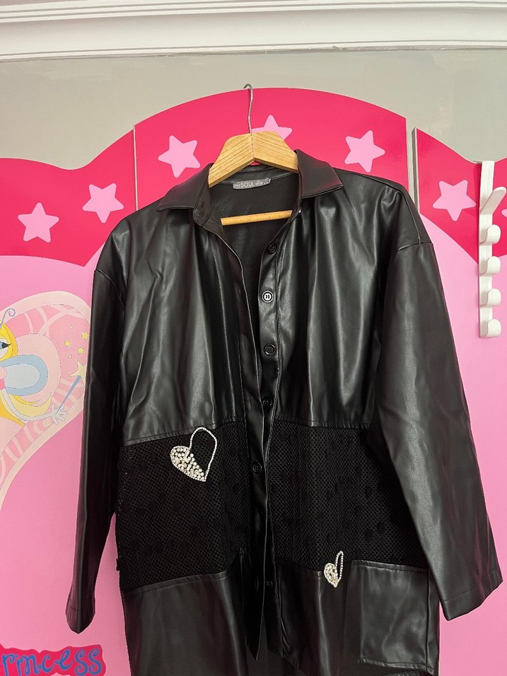 Siyah Deri Taşlı Gömlek - Görsel 3