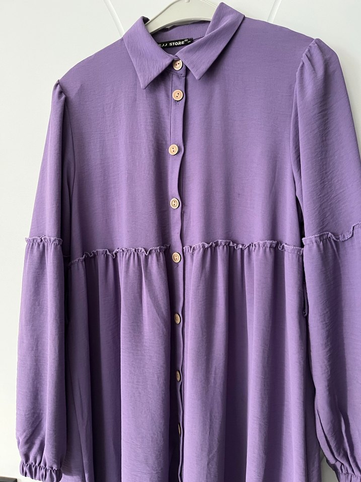 Düğmeli Mor Uzun Keten Elbise - Görsel 3