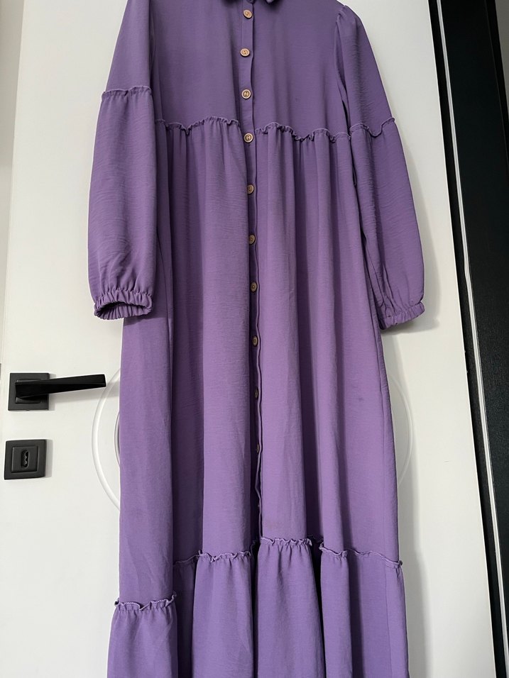 Düğmeli Mor Uzun Keten Elbise - Görsel 2