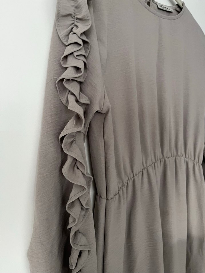 Bej Uzun Kollu Fırfırlı Kadın Elbise - Görsel 3