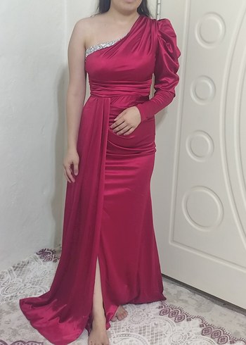 Diğer kırmızı Saten Uzun Kol Drapeli Abiye Elbise
