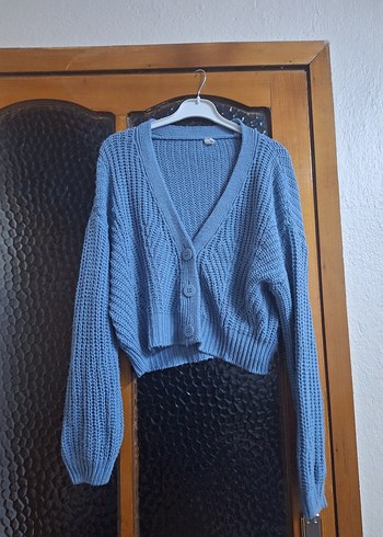 Mavi V Yaka Örgü Kadın Mini Hırka - Görsel 2