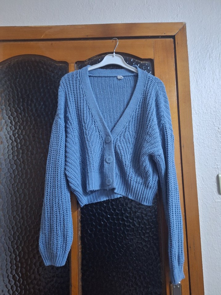 Mavi V Yaka Örgü Kadın Mini Hırka - Görsel 2