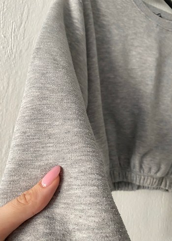 Gri Crop Sweatshirt  S Beden - Görsel 2