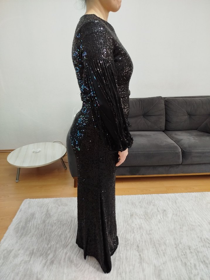 Siyah Uzun Kollu DrapeliAbiye Elbise - Görsel 4