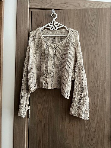 Naturel Oversize crop ajurlu triko bluz