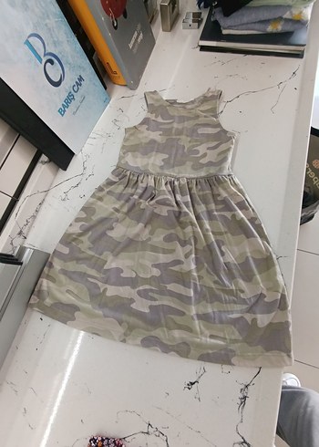 7 Yaş Beden haki Renk Kız Çocuk Kamuflaj Desenli Kolsuz Elbise