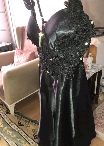 Nakışlı Siyah Gotik Midi Gecelik