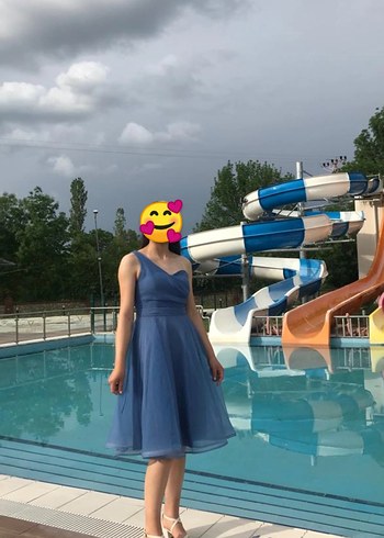 Mavi Straplez Midi Mezuniyet Elbisesi - Görsel 2