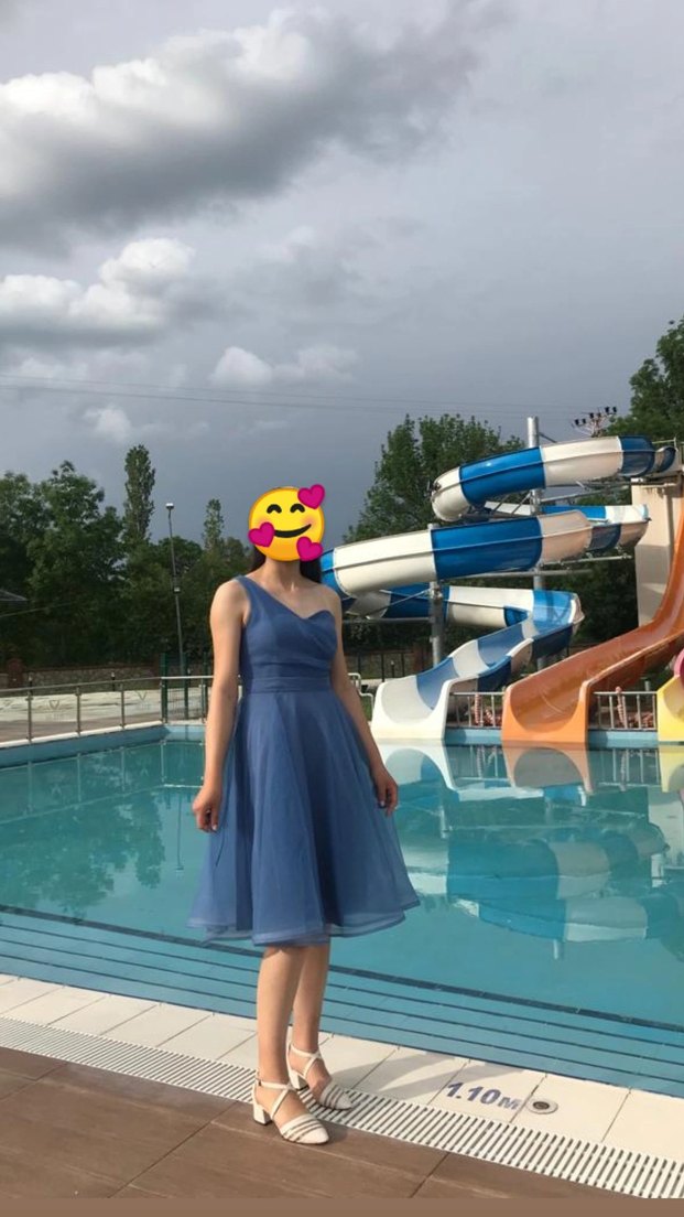 Mavi Straplez Midi Mezuniyet Elbisesi - Görsel 2